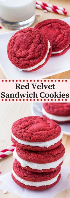 red velvet sandwich cookies are stacked on top of each other and ready to be eaten