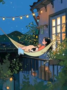 a woman laying in a hammock with a cat on her lap looking out the window