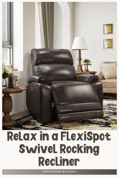 a recliner chair with the text relax in a flex - spot swivel rocking recliner