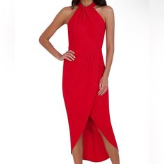 New (Tags Attached) Julia Jordan Twist-Knot Tulip Hem Dress. Red. Size 12. Halter Neck. Sleeveless. Tulip Hem/ High-Low Design. Polyester. Red Maxi Dress With Tie Back, Red Halter Neck Maxi Dress For Brunch, Red Tie-back Midi Dress For Party, Red Tie Back Midi Dress For Party, Red Midi Dress With Tie Back For Party, Red Tie Back Maxi Dress For Brunch, Red Tie-back Maxi Dress For Date Night, Red Tie Back Maxi Dress For Date Night, Summer Party Dress With Knot Detail