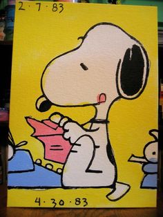 a painting of a snoopy dog holding a pink object