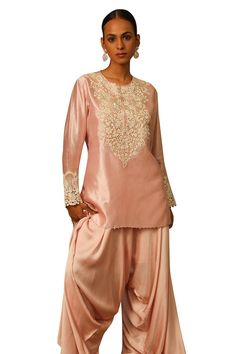 Powder pink short kurta with cutwork embroidery on yoke and cuffs. Paired with a plain harem pant. - Aza Fashions Pink Kurta, Kurta Patterns, Short Kurta, Harem Pant, Cutwork Embroidery, Satin Color, Embroidered Shorts, Powder Pink, Cut Work