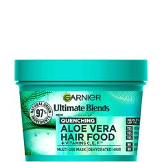 Nourish your hair with the Garnier Ultimate Blends Hair Food Aloe Vera 3-in-1 Normal Hair Mask Treatment . This hydrating hair mask is infused with Aloe Vera and Coconut to leave your tresses feeling silky soft and smooth. Your hair will appear up to four times shinier, thanks to a blend of 98% natural ingredients. The multi-use hair treatment can be used as a conditioner, mask or leave-in treatment. This replenishing Vegan formula is free from silicone to leave your hair feeling smooth without weighing it down. The formula is also 98% Biodegradable.  Cruelty-free and vegan. Aloe Vera Shampoo, Coconut Hair, Hydrating Hair Mask, Hydrate Hair, First Aid Beauty, Moisturizing Shampoo, Hair Food, Normal Hair, Moisturize Hair