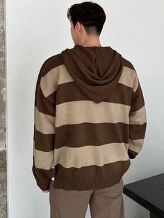 Hooded Color Block Sweater For Winter, Casual Hoodie With Color Matching For Fall, Casual Fall Hoodie With Color Matching, Casual Brown Sweater With Contrast Color, Trendy Winter Hoodie With Contrast Color, Trendy Brown Hooded Sweater, Brown Baggy Sweater, Casual Color Block Hooded Sweater, Casual Brown Knit Hoodie