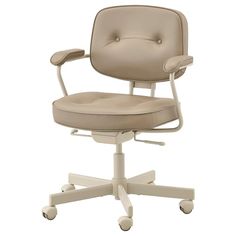 an office chair with wheels on the back and seat upholstered in beige leather