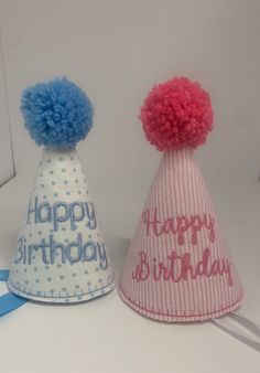 Birthday hats. "Happy Birthday" party hat. Boy/girl birthday hat. Pom Pom top. Boy's blue first birthday polka dot hat. Girls pink first birthday hat. Full size and mini birthday party hat. These hats are made with ultra firm stabilizer and a variety of different fabrics. They are built to last, so you can use them for years! The mini size hats are perfect for first birthday pictures. Blue First Birthday, Mini Party Hats, First Birthday Hat, Pink First Birthday, Birthday Hats, First Birthday Hats, First Birthday Photo, First Birthday Pictures, Baby's First Birthday