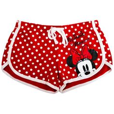 Get comfy and cozy in these adorable shorts! Lounge around the house, workout, or visit your favorite theme park while looking adorbs! Junior Minnie Peeking Short, Red Polka Dot Size: XL.  Gender: female.  Age Group: adult. Disney Women, Disney Shorts, Disney Fabric, Dolphin Shorts, Polka Dot Shorts, Twill Shorts, Polka Dot Design, Disney Junior, Dot Design