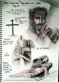 a drawing of jesus holding the cross and praying to his mother, with words written on it