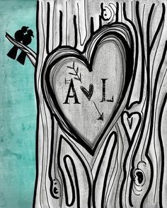 a drawing of a tree trunk with a heart on it and birds perched on the branch