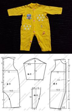 the sewing pattern for a baby's romper and footie is shown in yellow