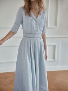 Fiona V-Neck White Midi Victorian Dress – Simple Retro Petite Women Fashion, Soft Blue Dress, Blouse Inspiration, Funky Clothing, Period Fashion, Farm Fashion, Clothing Tips, Garment Sewing, Teacher Clothes