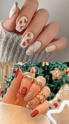 Gingerbread Festive Christmas Nail ideas | Christmas December Mani Inspo | Best Xmas Mani Design #christmas #xmas Gingerbread Nails Simple, Nail Ideas Christmas, Christmas Fake Nails, Artist Hue, Christmas Artist, Christmas Nail Ideas, Candy Cane Nails, Christmas December