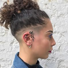 Cute Face Tattoos, Undercut Tattoos, Ears Tattoo, Ear Tats, Tattoo Ear, Small Face Tattoos, Hairline Tattoos, Face Tattoos For Women, Undercut Hairstyles Women