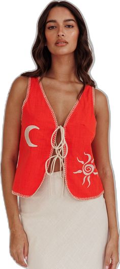 Dose Of Sunshine Blanket Stitch Vest Top Orange by Selfie Leslie Bohemian Sleeveless Vest With Floral Embroidery, Sleeveless Bohemian Vest With Floral Embroidery, Sleeveless Embroidered Vest For Summer, Summer Sleeveless Embroidered Vest, Bohemian Embroidered Sleeveless Vest, Casual Embroidered Sleeveless Vest, Bohemian Sleeveless Vest For Spring, Bohemian Embroidered Summer Vest, Bohemian Style Embroidered Vest For Summer