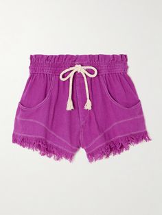 Marant Étoile's 'Talapiz' shorts are made from silk that's stitched with contrasting white threads and trimmed in soft fringing along the cuffs. The elasticated drawstring waistband ensures a comfortable fit. Fringed Cotton Shorts, Cotton Fringe Shorts, Fringe Cotton Shorts, Light Grey Leggings, Mini Short, Silk Shorts, Grey Leggings, Sports Suit, Knitwear Tops