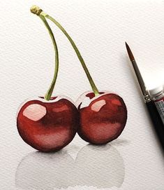 a watercolor painting of two cherries on paper