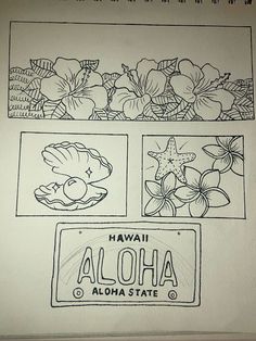 the hawaii aloha state is depicted in this coloring book page with flowers and fish