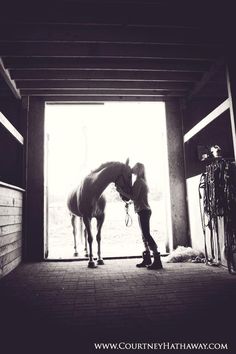 a person standing next to a horse in an open doorway with sunlight coming through the window