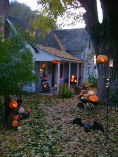 a house decorated for halloween with pumpkins and jack - o'- lanterns