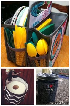 the collage shows different types of kitchen utensils in bins and cups