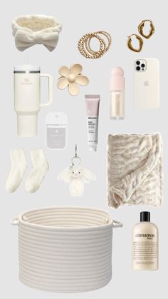 the contents of a woman's wardrobe including shoes, accessories and other personal care items