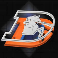 an orange and blue neon sign with a horse on it's head in front of a brick wall