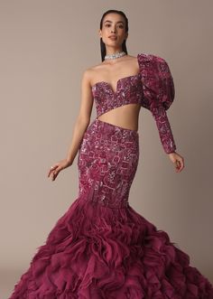 Wine Fish Cut One Shoulder Gown Fish Cut Gown, Bday Dress, Western Dresses For Girl, Fish Cut, Long Black Evening Dress, Indian Bridesmaid Dresses, Beautiful Evening Gowns, Wedding Lehenga Designs, Bridal Lehenga Collection