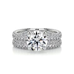 a diamond engagement ring with two rows of diamonds on the band and a round center stone