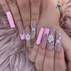 Glitter Rosa, Long Press On Nails, French Manicure Nails