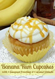 a banana rum cupcake with cinnamon frosting and caramel drizzle