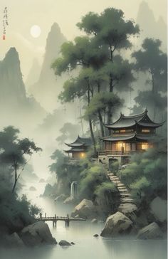 Chinese Landscape Photography, Chinese Painting Flowers, School Murals, Flower Art Drawing, Fantasy Homes, Celestial Art