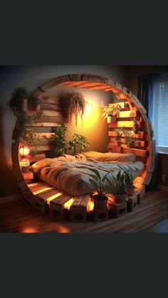 a bed made out of wooden pallets with plants in the middle and lights on each side