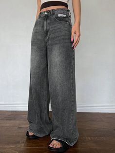 Women Baggy Wide Leg Distressed Denim Jeans With Pockets For Daily Casual Wear Dark Grey    Denim  Wide Leg Non-Stretch  Women Clothing, size features are:Bust: ,Length: ,Sleeve Length: Gray Jeans Women, Grey Baggy Jeans, Jeans With Pockets, Spain Trip, Dark Grey Jeans, Jean Large, Casual Wear Women, Dark Wear, Distressed Denim Jeans