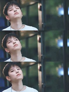 three different shots of a young man with his eyes closed and one looking up at the sky