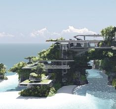 a futuristic house on an island in the middle of the ocean with trees growing out of it