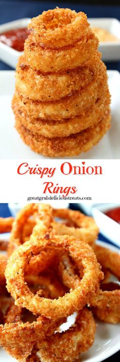 crispy onion rings on a plate with ketchup