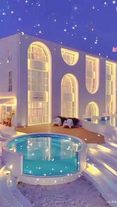 a large white house with a pool in the front yard at night, surrounded by snow and stars