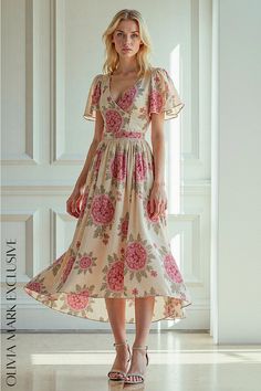 Olivia Mark - Elegant Blooms Midi Dress - Vintage Charm Meets Modern Flair Uzun Boy, Dress With Puffed Sleeves, Trendy Fashion Outfits, Pink Blossom, Flowing Skirt, Versatile Outfits, Elegant Floral, Puffed Sleeves, Casual Streetwear