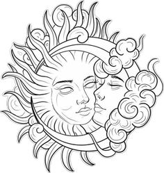 the sun and moon face in black and white, with clouds around it's head