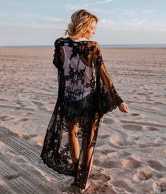 "Bohemian style sheer lace cardigan features a tie front and kimono style in a relaxed fit. It's beautifully made in delicate embroidered sheer lace all over. Can be dressed down or dress up -- made a romantic cover up for a summer night outing, a party, or just to the beach! ONE SIZE FITS MOST - SMALL, MEDIUM LARGE Length: 44\" Bust: 20\" (tie front, one size fits all) Sleeve length: 17\" Armhole : 11\"" Look Kimono, Moda Kimono, Lace Beach Dress, Mode Kimono, Bohemian Kimono, Beach Kimono, Kimono Coat, Kaftan Maxi Dress, Boho Cardigan