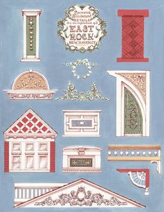 an illustration of various architectural styles and designs on a blue background with white trimmings