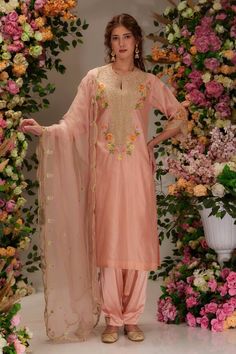 Peach A-line kurta featuring dori, resham embroidery in paisley and floral pattern. Paired with a salwar and a scallop hem sheer dupatta. - Aza Fashions Elegant Peach Kurta With Zari Work, Elegant Cotton Silk Palazzo Set With Dori Work, Elegant Chanderi Sharara For Spring, Sheer Dupatta Unstitched Suit For Reception, Elegant Palazzo Set With Dori Work, Elegant Peach Sets For Diwali, Elegant Chanderi Traditional Wear For Summer, Traditional Drape Salwar Kameez For Summer Wedding, Summer Reception Dupatta With Resham Embroidery