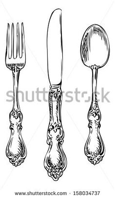 three forks and two spoons with ornate designs on the sides, hand drawn in black ink