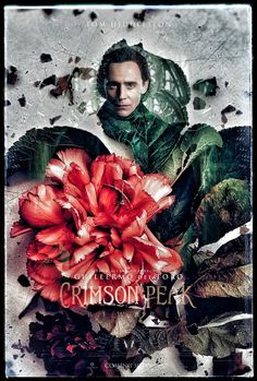 the poster for crimson peak shows a man with flowers in his hand and leaves around him