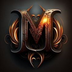 the letter m is made up of gold and black swirly letters with an intricate design