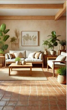 a living room filled with lots of furniture and potted plants on top of them