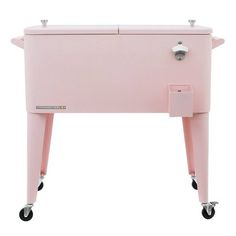 a pink cooler sitting on top of a white table