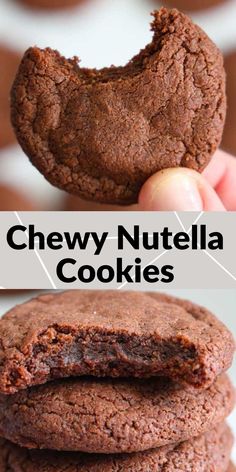 chocolate cookies are stacked on top of each other with the words chewy nutella cookies above them