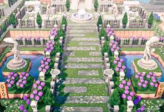 an aerial view of a garden with flowers and fountains