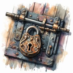 an old padlock on a wooden door with a key in the lock and watercolor paint